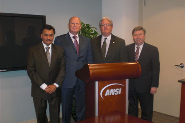 ANSI President and CEO S. Joe Bhatia; Russia Federal Agency on Technical Regulatinh and Metrology Head Grigory Elkin; ANSI Vice President, Accreditation Services, Lane Hallenbeck; ANSI Vice President, International Policy, Gary Kushnier